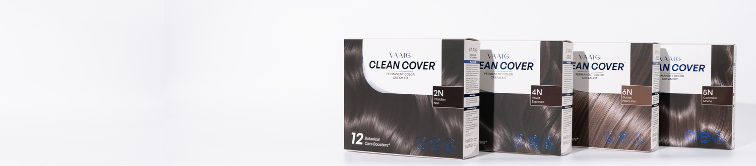 VAAIG Clean Cover Permanent Hair Color Collection featuring 2N Obsidian Satin Black, 4N Velvet Espresso, 5N Cashmere Mocha and 6N Golden Hour Linen