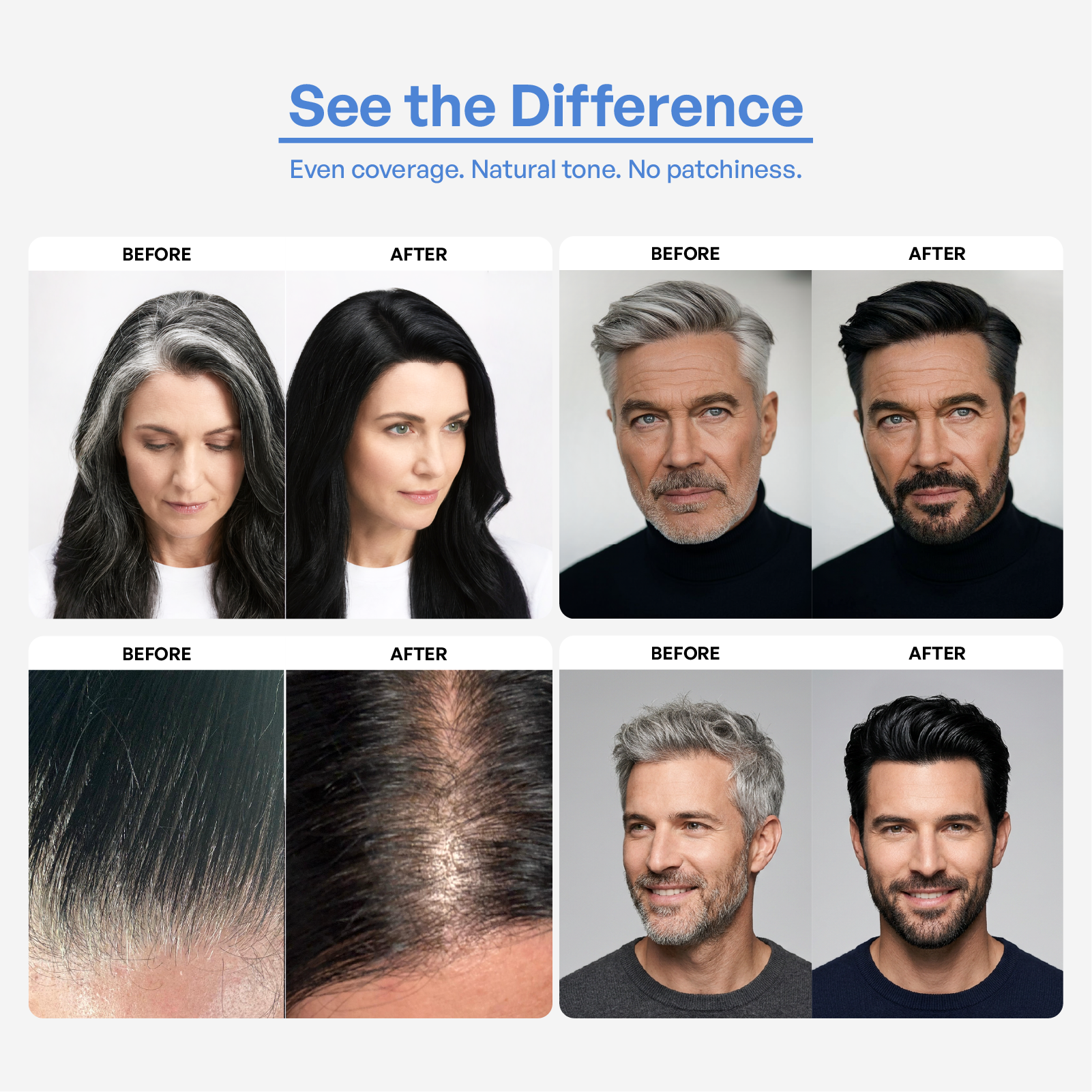 Before and after using VAAIG Satin Black hair color with natural-looking black hair, improved softness, and healthy shine from root to tip.