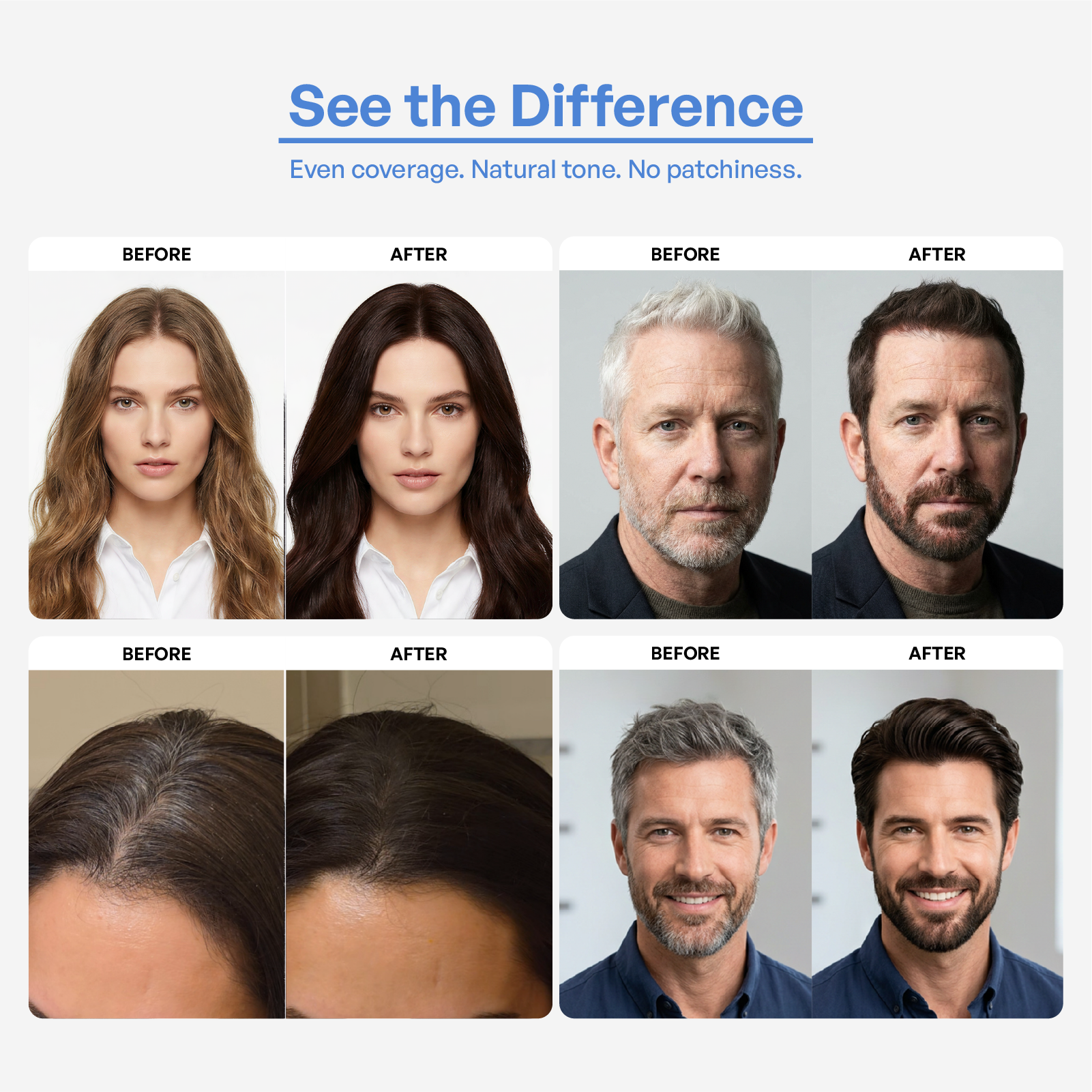 Before and after using VAAIG Dark Brown hair color with rich, even, natural-looking color from root to tip