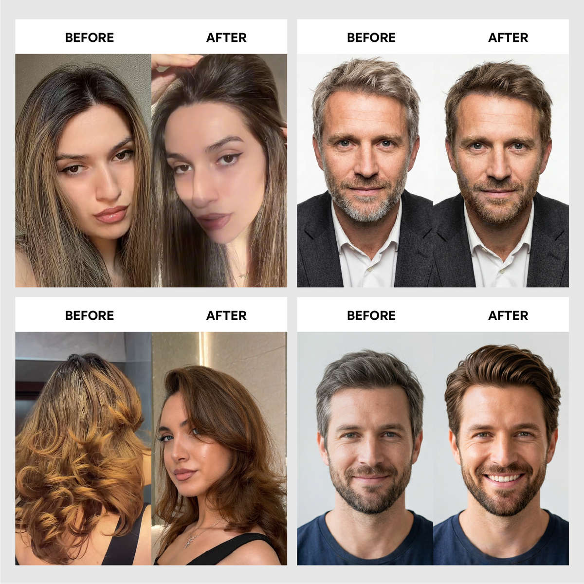 Before and after using VAAIG hair color with rich, even, natural-looking color from root to tip