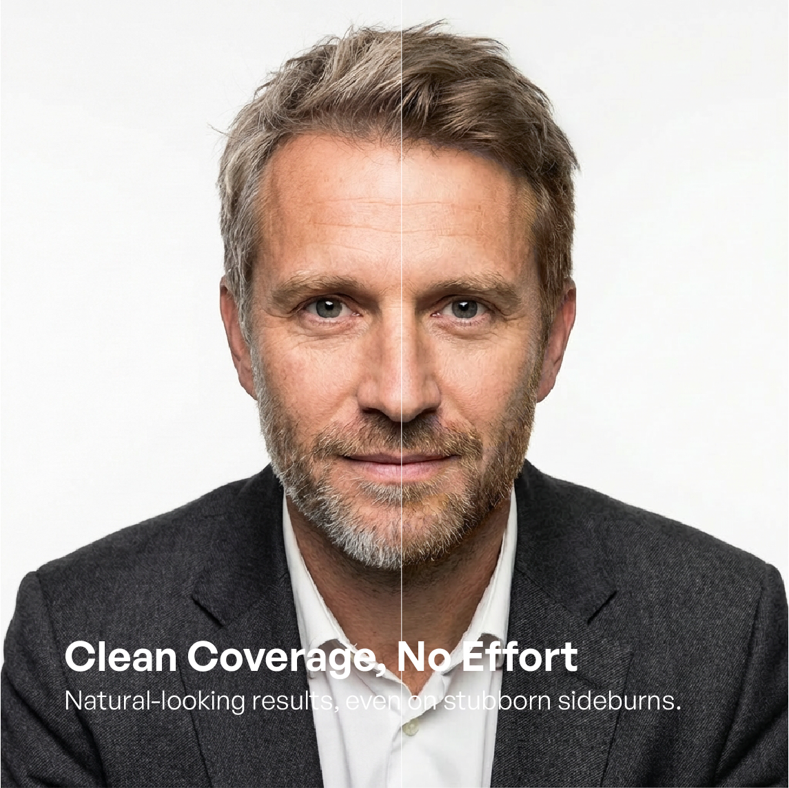 Comparison photos of men's short hair using VAAlG 6N Golden Hour Linen Salon dye: Before coloring, the hair was gray and frizzy; after coloring, it reveals a natural flaxen-gold shade.