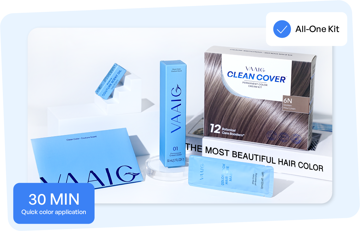 A complete at-home hair color kit featuring the product packaging and all included accessories. The image highlights a 30-minute quick color application for an easy, efficient, and professional salon-quality result.