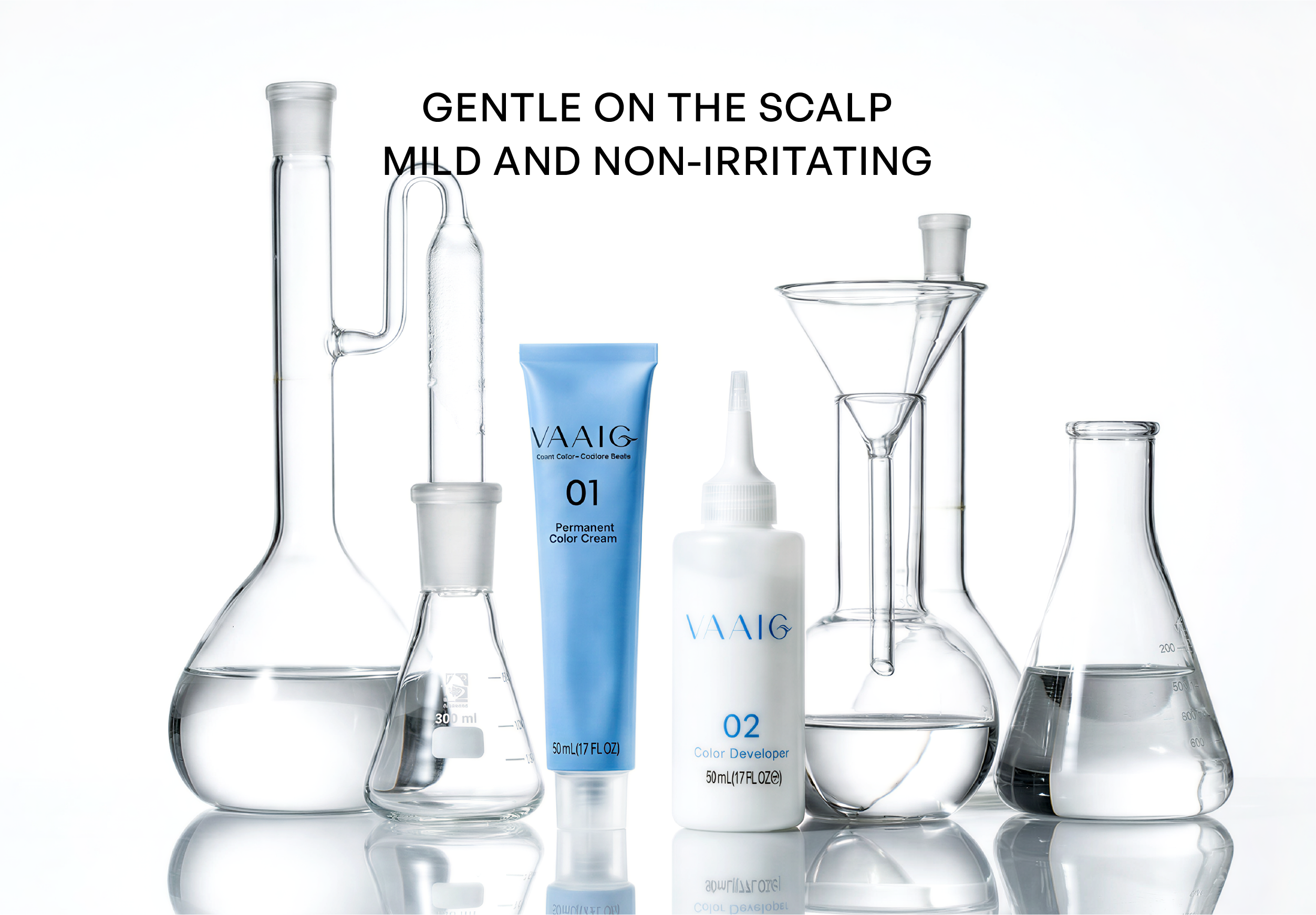 Professional hair dye kit with lab glassware. Highlights the purity and scientific precision of our formula.