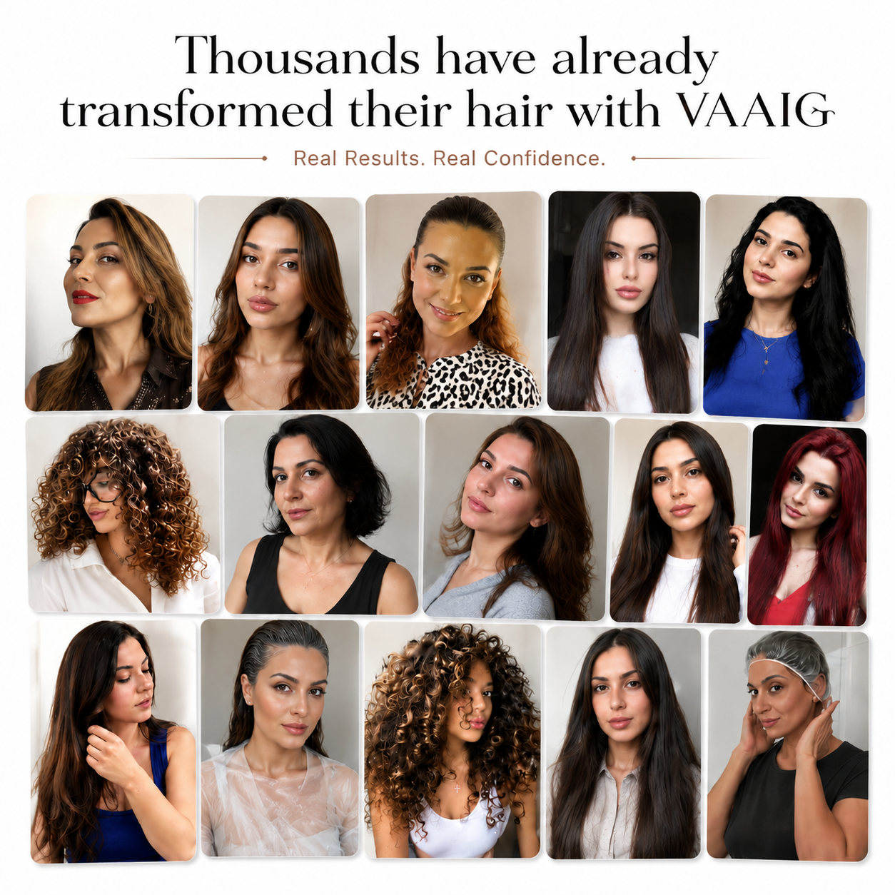 Photos of dozens of customers after using VAAIG, showing soft, shiny, healthy-looking hair and full gray coverage.