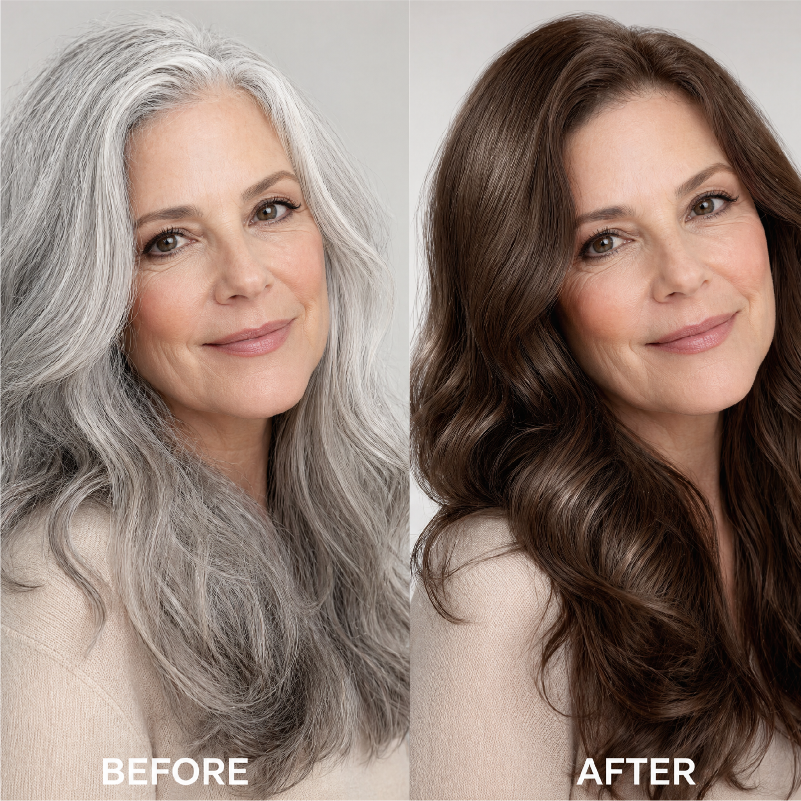 Before and after gray coverage with VAAIG dark brown permanent hair dye