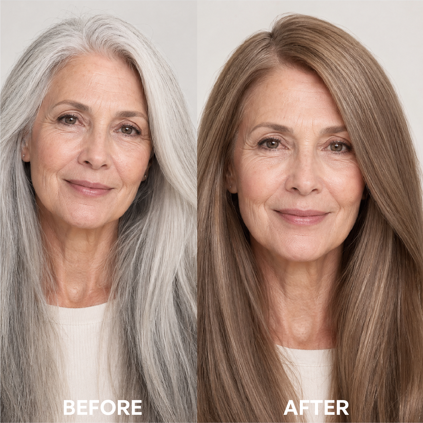 Before and after gray hair coverage with VAAIG permanent hair dye showing natural-looking results