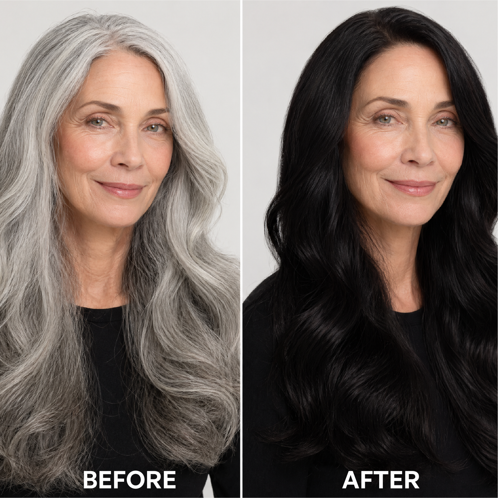 Before and after gray hair coverage with VAAIG Satin Black permanent hair dye showing 100% gray coverage and rich black color results
