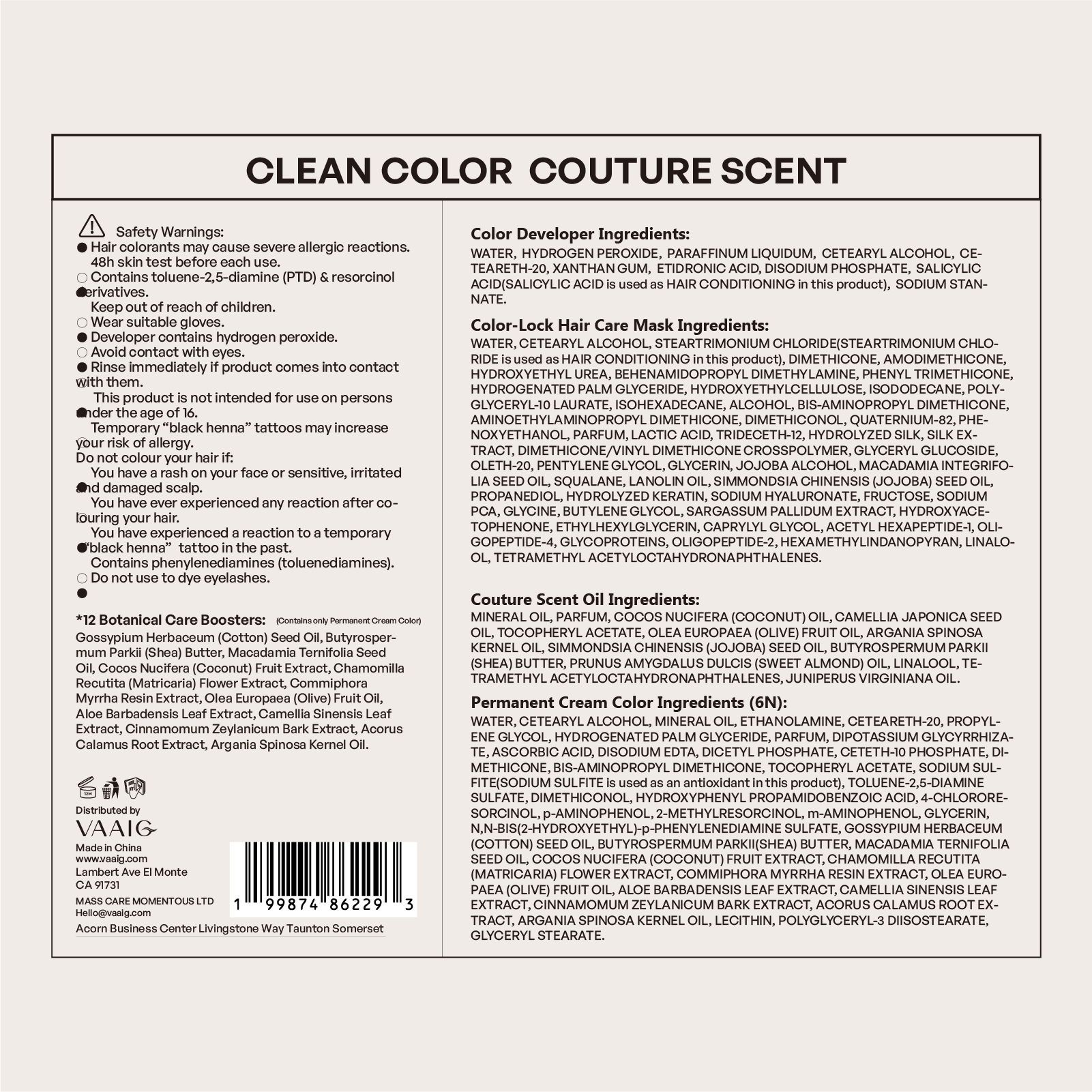 VAAIG CLEAN COVER™ Permanent Hair Color （测试）