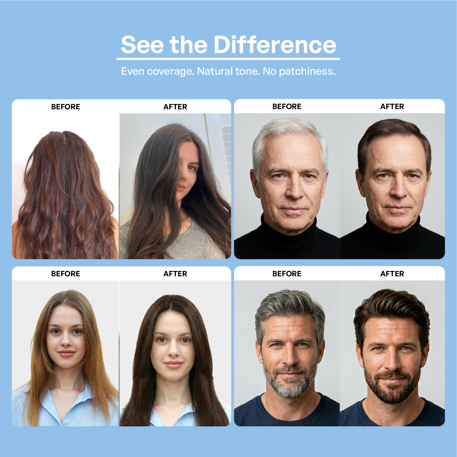 Before and after VAAIG hair dye with soft, shiny, healthy-looking hair and full gray coverage