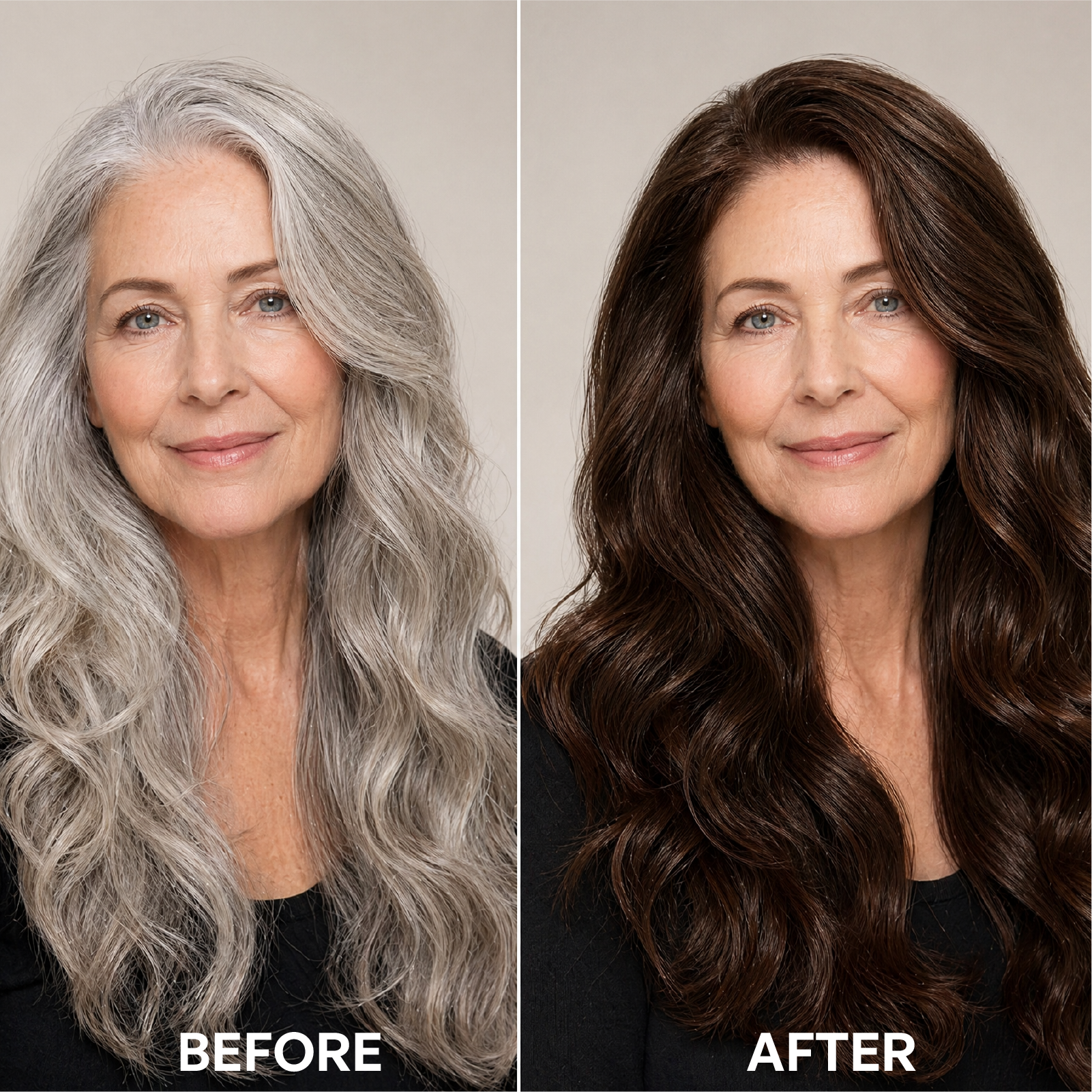 Before and after gray hair coverage with VAAIG Dark Brown permanent hair dye showing natural-looking results