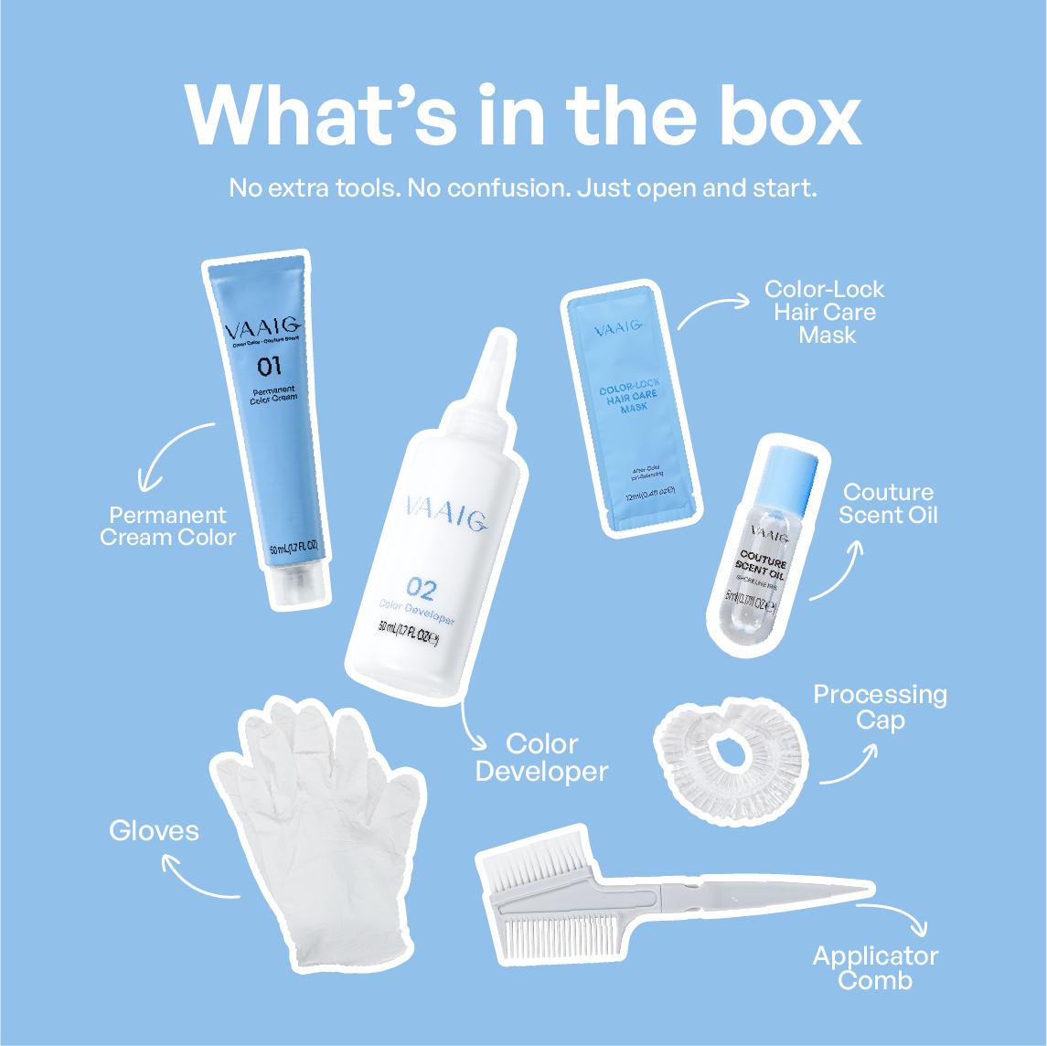 VAAIG's product package includes the following accessories: Hair Dye *1, Developer *1, Hair Mask *1, Hair Oil *1, Shower Cap *1, Dyeing Comb *1, and a pair of disposable gloves.