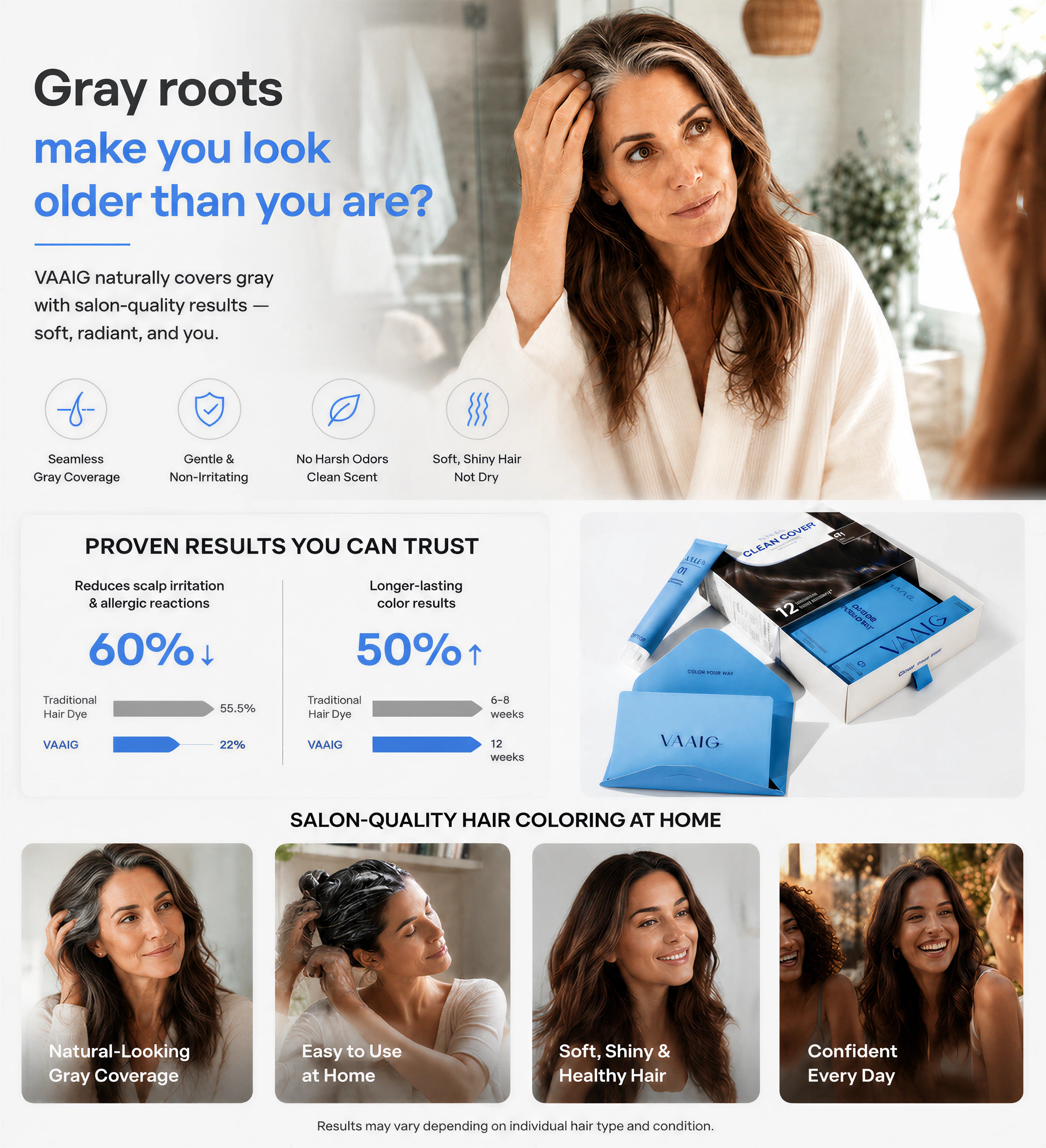 Natural-looking gray coverage with VAAIG permanent hair dye for soft healthy hair