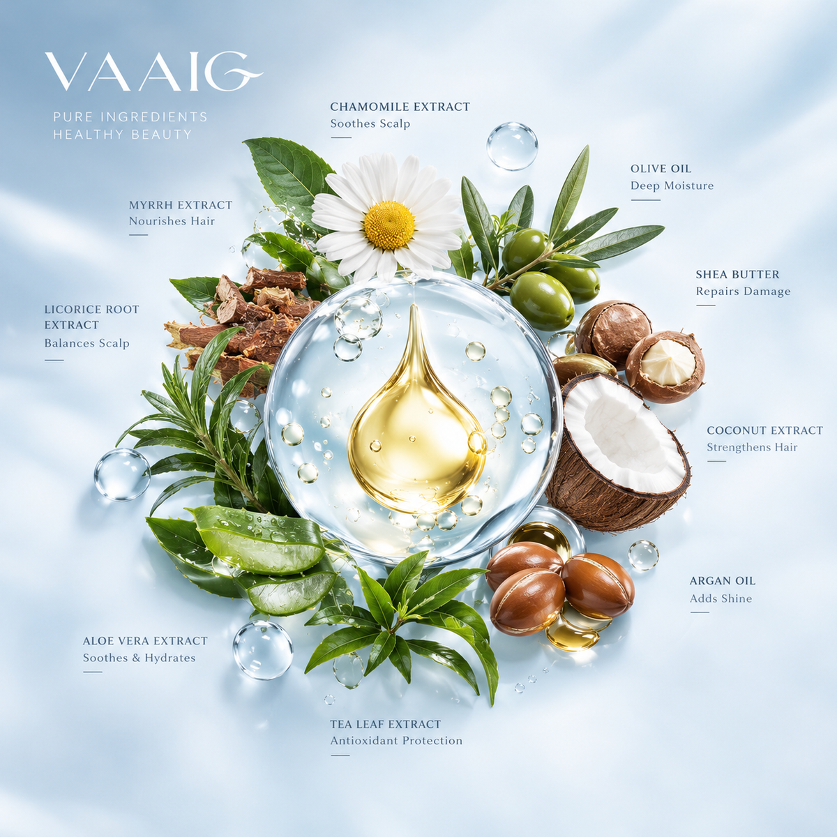 VAAIG hair color botanical care ingredients featuring aloe vera, chamomile, olive oil, shea butter, coconut extract, argan oil, and tea leaf extract.